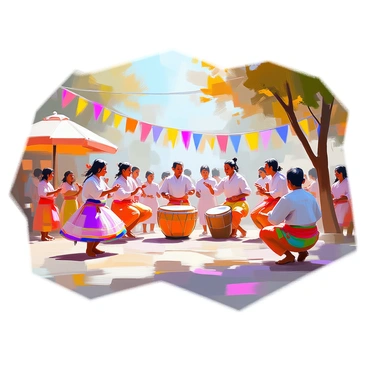 A lively scene depicting villagers gathered in a vibrant outdoor setting, celebrating a festival. Groups of men and women are dressed in colorful traditional attire, with fabrics showcasing intricate patterns and designs. Some villagers are dancing joyfully in a circle, while others are playing traditional musical instruments such as drums and flutes, filling the air with festive sounds. In the background, children are engaged in various traditional games, laughing and playing, adding to the atmosphere of joy. Colorful banners and decorations are strung between the trees, enhancing the celebratory mood of the gathering.