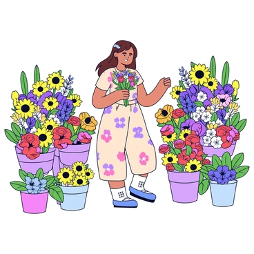 A woman with long brown hair is standing in a vibrant flower market. She is wearing a light summer dress with floral patterns. Around her are various stalls displaying an array of fresh, colorful blooms. There are bouquets of red roses, yellow sunflowers, and purple lavender. The scene is filled with bright green leaves and colorful petals, creating a lively atmosphere. The woman is gently holding a bouquet of mixed flowers while looking at another display.