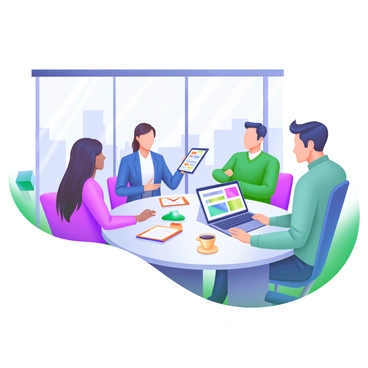 A modern meeting space filled with natural light, featuring a large, round table surrounded by diverse leaders from different industries. Each leader is engaged in discussion, showcasing a variety of attire representing their respective fields. One leader, a woman in a sleek blue blazer, is presenting with a tablet in her hand, while a man in a casual green sweater listens intently, nodding in agreement. On the table, there are cups of coffee, notepads, and a laptop displaying a colorful presentation. Large windows in the background reveal a skyline view, enhancing the collaborative atmosphere.