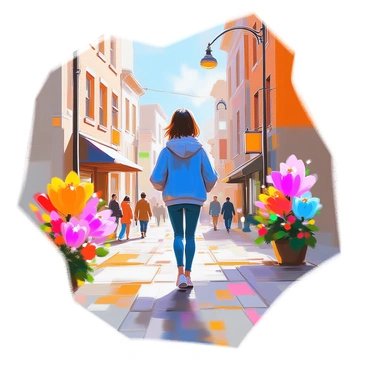 A character stepping out from a realistic scene into a world of animated illustrations