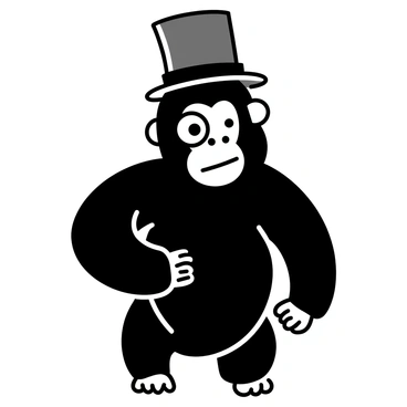 A gorilla with a glossy black coat is standing upright. It is wearing a "whimsical top hat" that is tall and slightly tilted. The gorilla's right eye is adorned with a "monocle" that adds a touch of sophistication. Its expression is confident, and the background is plain to emphasize the gorilla's unique accessories.