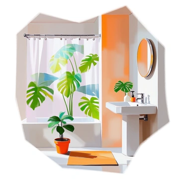 A bathroom interior showcasing a shower area that features a shower curtain adorned with a bold monstera leaf print. The curtain is made of a light, water-resistant fabric and hangs from a sleek chrome rod. The walls are painted in a soft, neutral color, providing a warm contrast to the vibrant green of the monstera leaves. A wooden bath mat is placed in front of the shower, and a small potted monstera plant rests on the edge of the tub, adding a touch of nature to the space. A mirror with a modern frame is mounted above the sink, reflecting the overall decor.