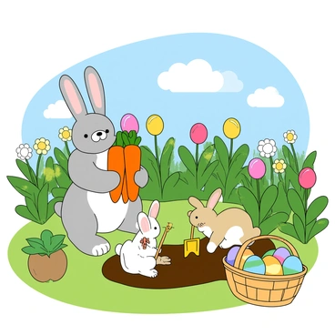 A family of three bunnies in a vibrant green garden filled with various colorful flowers. The largest bunny, with soft gray fur and big ears, is holding a bunch of bright orange carrots in its paws. The middle bunny, smaller and with white fur, is digging in the soil with a small yellow shovel, while a tiny bunny with light brown fur is playfully hopping around nearby. The garden is surrounded by leafy plants and includes a decorative basket filled with painted eggs in pastel colors. In the background, there are fluffy clouds in a blue sky, hinting at the festive atmosphere of Easter celebrations.