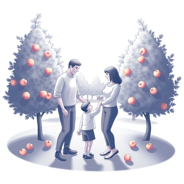 A family of four is gathered in a peach orchard. The parents and two children are picking ripe peaches from the trees. The sun is shining brightly overhead, casting distinct shadows in the orchard. The trees are laden with plump peaches, some hanging low within reach and others higher up. The children are smiling, eagerly reaching out to collect the fruit, while the parents supervise and assist. The ground is covered with fallen peaches, adding to the abundance of the harvest. The overall scene captures the joy of a family spending quality time together in nature.