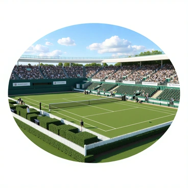 An iconic tennis court with a green grass surface, known for its historical significance. The court is surrounded by a white picket fence and well-maintained hedges. In the background, there are grand stands filled with spectators wearing a mix of formal and casual summer attire. The sky is clear with a few fluffy clouds, and the sun casts shadows on the court. A tennis net is positioned in the center, and tennis rackets and balls are visible on the sidelines. Banners displaying the tournament's logo are draped along the stands.