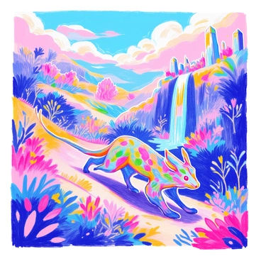 A fantastical beast with intricate patterns in shades of blue, green, and gold is roaming through a mystical landscape. The beast has elongated limbs and large, expressive eyes, showcasing a rich variety of colors in its fur. The mystical landscape features rolling hills covered in lush, colorful flora and towering crystalline formations that catch the light. A cascading waterfall flows in the background, with sparkling droplets creating rainbows in the mist. The sky is filled with swirling clouds in various hues, adding to the enchanting atmosphere.