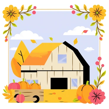 A cozy frame made of vibrant "golden marigolds" and "red chrysanthemums" encircles a rustic autumn scene. The scene features a "weathered wooden barn" with a "thatched roof" standing amidst "falling leaves" in shades of orange, brown, and gold. In the foreground, a "small wooden cart" filled with "pumpkins" rests in front of the barn. A "clear blue sky" with scattered "fluffy white clouds" completes the peaceful autumn landscape.