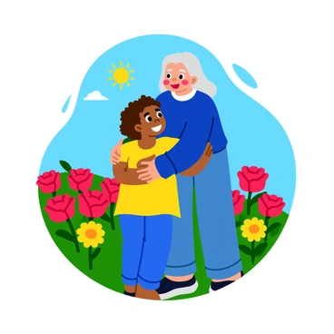 A child with curly hair wearing a bright yellow t-shirt is hugging their grandparent, who has silver hair and is dressed in a cozy blue sweater. They both have wide, joyful smiles on their faces. The setting is a vibrant garden filled with colorful flowers, including red roses and yellow daisies. The sun is shining brightly in a clear blue sky, casting soft shadows around them. The child is slightly shorter than the grandparent, who is bending down to embrace them warmly.