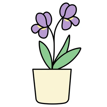 A ceramic pot in a soft off-white color holds a delicate arrangement of "iris flowers" with vibrant purple petals and yellow accents. The flowers are standing tall and straight, with elongated green leaves that arch gracefully around the sides of the pot. The pot itself has a smooth finish and a simple design, providing a subtle backdrop that emphasizes the beauty of the "iris flowers". Soft natural light highlights the petals, bringing out their rich colors and intricate textures.