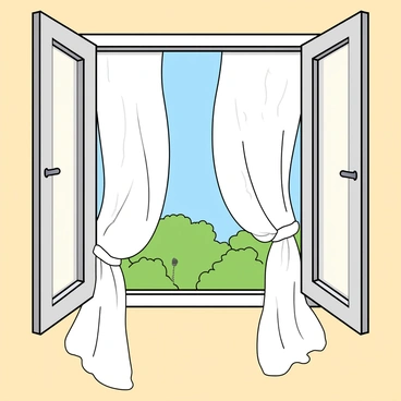 An open window with white wooden frames is positioned in the center of the image. Sheer white curtains sway gracefully, caught in a gentle breeze, flowing outward. The sunlight filters through the curtains, casting soft shadows on the light-colored wall behind. A few green leaves are visible outside the window, suggesting a garden or trees nearby. The scene conveys a sense of calmness and warmth of a sunny day.