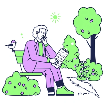 A man resembling "Newton" is sitting on a garden bench, deep in thought. He has a thoughtful expression on his face, with his brow slightly furrowed. In his right hand, he holds a notepad filled with writings and mathematical sketches. The notepad is resting on his lap. The garden around him is filled with blooming flowers, and there are green shrubs lining the path nearby. Sunlight filters through the leaves of tall trees casting dappled shadows on the ground. A small bird is perched on the edge of the bench, observing him curiously.