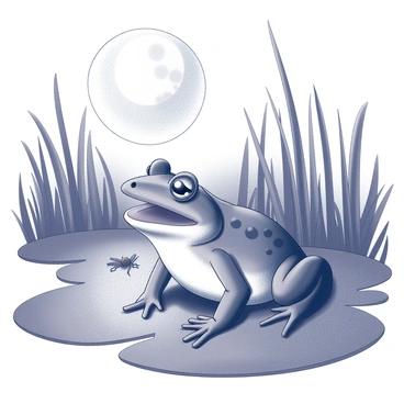 A large bullfrog sits on a lily pad in a tranquil pond. The bullfrog has a prominent, rounded body and its mouth is open as it lets out a loud croak. Above, a full moon is shining brightly, casting a soft light over the scene. The background is filled with tall grasses and reeds, and among them, a chorus of crickets can be seen perched, their bodies poised as they chirp in harmony. The overall atmosphere is one of a calm night, with the moonlight reflecting gently on the surface of the water.