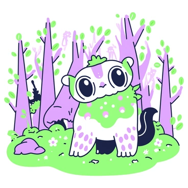 A whimsical fantasy creature is standing in a mystical forest. The creature has large, oversized eyes and a fluffy tail, with small, colorful wings on its back. Its body is covered in intricate patterns and textures, showcasing a variety of features like tufts of fur and playful ears. Surrounding this creature, the forest is filled with towering trees, each adorned with unique leaves and shapes. There are glowing flowers scattered throughout the underbrush, and in the background, faint silhouettes of other fantastical beings can be seen peeking from behind the trees. The forest floor is a blend of moss and small rocks, completing the enchanting atmosphere.