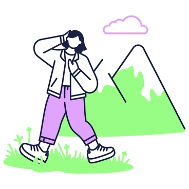 A person is outdoors, stretching their neck while enjoying a scenic view of the mountains. The person has shoulder-length hair and is wearing a light jacket and comfortable pants. In the background, there are tall mountains with jagged peaks, partially covered in greenery. The sky is clear and expansive, with a few clouds drifting by. The person stands on a grassy area, and wildflowers can be seen at their feet, adding to the natural setting.