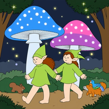 Two playful elves with pointed ears and bright green outfits are wandering through a magical forest filled with giant, luminescent mushrooms. The mushrooms tower above them, displaying vibrant colors of blue, purple, and pink, casting a gentle glow on the forest floor. One elf has long, flowing hair, while the other sports a short, spiky hairstyle. They are both barefoot, and their eyes are wide with wonder as they explore their surroundings. The forest is filled with leafy trees and twinkling fairy lights that add to the enchanting atmosphere. Small woodland creatures, like a curious squirrel and a colorful bird, can be seen nearby, peering at the elves as they pass by.