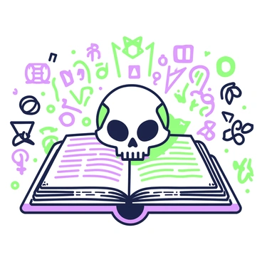 A cat skull is resting inside an ancient open book, revealing its weathered pages filled with intricate text. The skull features detailed structures, such as eye sockets and nasal cavities, and is positioned centrally on the book. Surrounding the book are mystical symbols and runes, etched in an ornate manner, creating a sense of depth and mystery. The symbols vary in size and shape, adding complexity to the scene. The overall composition highlights the intriguing relationship between the cat skull and the ancient text, suggesting a blend of knowledge and the supernatural.