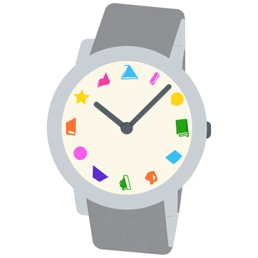 A shiny silver wristwatch with a circular face and a smooth leather band. The watch has its numbers replaced by small icons depicting various subjects, such as a tree, a book, a heart, and a star. Each icon is vividly colored and evenly spaced around the dial. The watch hands are sleek and pointed, indicating the time clearly against the background of the watch face. The overall design is modern and playful.