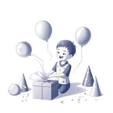 A child with an expressive face is sitting on the floor, eagerly unwrapping a present. The wrapping paper is in the process of being torn away, revealing a shiny box. Surrounding the child are various balloons of different shapes and sizes. Some of the balloons are in the shape of animals, while others are round. The floor is decorated with colorful confetti, and there are party hats scattered around. The child's attire includes a festive shirt with playful patterns. The scene captures the excitement and joy of a birthday celebration.
