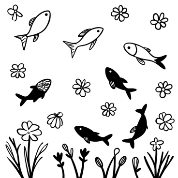 A group of fish swimming gracefully through a sky filled with an array of floating flowers. The fish are depicted in various shapes and sizes, some with elegant fins and tails. The flowers are scattered throughout the scene, with petals varying in sizes and forms, creating a dynamic atmosphere. Each flower is depicted with intricate details, showcasing the textures of the petals and leaves. The fish and flowers seem to interact, as if the fish are weaving between them, creating a harmonious and whimsical composition.
