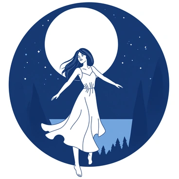 A woman with long flowing hair is standing gracefully under a large, luminous full moon in a night sky. She is wearing a flowing white dress that softly billows in the night breeze. The moon casts a soft glow, illuminating her figure and surrounding her with a serene light. Her arms are slightly raised as if reaching toward the moon, symbolizing a mystical connection. The landscape around her is dark, with hints of tall shadows that suggest trees, creating an atmosphere of tranquility.