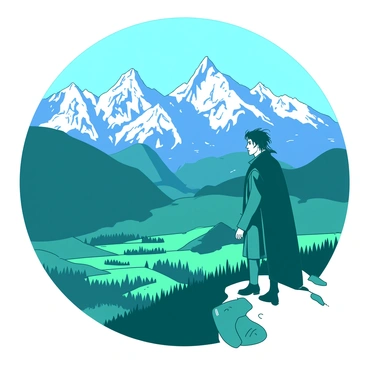 A teal figure of Victor Frankenstein is standing atop a rocky peak, gazing out at a sweeping panoramic view of the majestic Alpine mountains. The mountains are capped with white snow, contrasting sharply with the deep blue sky above. Victor is dressed in a dark coat, his hair tousled by the wind, and his expression is one of contemplation and intensity. Below him, the valleys are dotted with patches of green trees, creating a vivid landscape beneath the towering peaks. The sun casts a warm glow over the scene, enhancing the beauty of the natural surroundings.