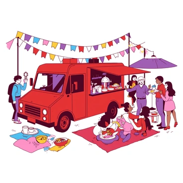 A red taco truck is parked at a bustling festival scene, with people gathered around it eagerly waiting in line. Colorful banners and decorations are hanging above, creating a festive atmosphere. A diverse group of individuals is enjoying tacos, with some holding plates filled with fresh ingredients. A couple of children are laughing and sharing a taco, while others are chatting with friends nearby. The ground is covered in bright picnic blankets, and there are tables set up with condiments and drinks available.