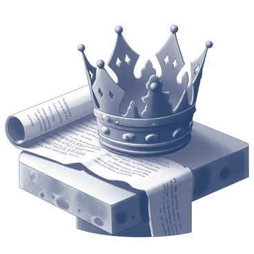 A detailed crown made of intricately designed metal is positioned on a stone table. Its surface is textured, showing signs of age and wear. Beside the crown, there is an ancient scroll, rolled partially open, revealing faded text and symbols. The stone table has a rough, weathered appearance, adding to the ancient atmosphere. The surrounding area suggests a dimly lit room, enhancing the focus on the crown and the scroll.