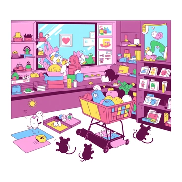 A vibrant toy store filled with an array of colorful tiny toys. There are small plush animals, miniature cars, and wooden building blocks displayed on various shelves. Scattered throughout the store, there are tiny mice customers, some standing on their hind legs while examining toys, and others sitting in a miniature shopping cart filled with toys. The store has a cheerful atmosphere, with bright signs and labels, and a large window displaying even more toys outside. The floor is covered with colorful mats inviting more mice to explore.
