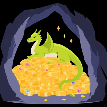 A dimly lit cave with rough, rocky walls and a low ceiling. The shadows cast by flickering torches highlight the contours of the cave. In the center, a large dragon is sleeping atop a massive pile of shiny gold coins and colorful gemstones. The dragon has green scales and elongated wings folded against its body. Its long tail rests curled around the treasure. A few scattered jewels twinkle in the faint light, enhancing the richness of the scene. The atmosphere is filled with a sense of quiet lurking danger.