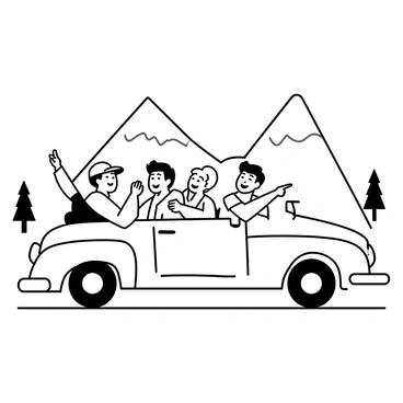 A group of four young men is sitting in a car, enjoying a road trip. The driver, wearing a baseball cap, has a big smile on his face. The passenger in the front seat is leaning back and laughing, with his arm resting on the window sill. In the back seat, two friends are playfully pointing at something outside. The car is parked on the side of a road, with scenic mountains in the distance, rising majestically against the sky. A few pine trees are visible along the road, completing the picturesque landscape.