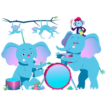A playful scene featuring two cartoon elephants with large ears and bright blue skin, standing on either side of a shiny drum kit. One elephant is playfully tapping a snare drum with its trunk, while the other is balancing a colorful monkey on its back. The monkey is wearing a tiny red hat and is banging on two cymbals with small drumsticks. Surrounding them are vibrant jungle leaves and flowers, adding to the lively atmosphere. In the background, a few more monkeys swing from branches, watching the fun with cheerful expressions.