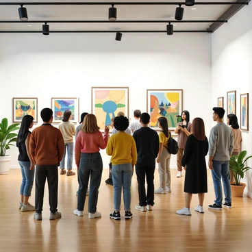 Visitors are standing in a trendy Los Angeles gallery, admiring colorful illustrations displayed on white walls. The gallery features sleek wooden flooring and modern lighting illuminating the artworks. A diverse group of people, including individuals with varying skin tones and styles, engage in conversation as they discuss the art. Some visitors are taking photos of the illustrations, while others are pointing at specific pieces with interest. The atmosphere is lively, with a sense of excitement and appreciation for the creativity on display. A few potted plants add a touch of greenery to the contemporary space.