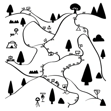 An illustrated map displaying various hiking trails winding through the hills of Hong Kong. The map includes prominent trail markers and labels, showing different routes in black ink against a white background. Surrounding the trails are detailed outlines of trees and plants, creating a depiction of lush greenery. Small icons represent landmarks, such as a tent for camping areas and a water fountain for rest spots. The hills are illustrated with varied textures to indicate elevation changes, enhancing the topographical features of the landscape.