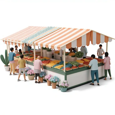 A bustling farmers market filled with various stalls. Each stall showcases an array of fresh produce, including vibrant red tomatoes, leafy greens, and yellow corn. There are baskets overflowing with ripe strawberries and plump blueberries. Colorful flowers are displayed in pots and bouquets, adding brightness to the scene. People of different ages are walking around, some inspecting the produce while others are chatting with the vendors. Sunlight filters through the market, casting a warm glow on the lively scene.