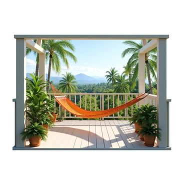 A 3D balcony made of light-colored wood with a railing that has a slight curvature. The balcony is adorned with an array of lush green plants in various pots, including ferns and flowering tropical varieties. A comfortable hammock is suspended between two posts, made of woven fabric in vibrant colors. The view from the balcony showcases a stunning tropical landscape, featuring palm trees swaying gently, a clear blue sky, and distant mountains that fade into the horizon. Sunlight streams in, casting soft shadows on the balcony floor.
