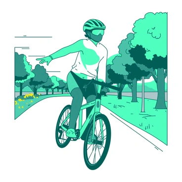 A teal cyclist is wearing a bright helmet and a white cycling jersey as they are riding a bicycle on a clear, sunny afternoon. The cyclist is extending their left arm out to the side to indicate a left turn, with fingers clearly pointed to signal the direction. The scene includes a tree-lined path in the background, with a few yellow flowers blooming along the roadside. The sun is shining brightly, casting soft shadows on the ground, enhancing the afternoon ambiance.