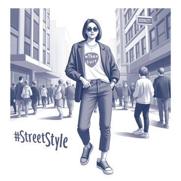 An influencer posing in a busy city street wearing trendy urban fashion with the hashtag #StreetStyle