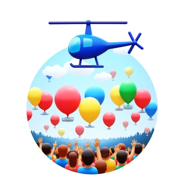 A helicopter silhouette with a distinct rotor blade hovering above a vibrant scene. Below, a colorful festival is in full swing, with numerous balloons in various shades of red, yellow, blue, and green ascending into the sky. The balloons are rounded and shiny, reflecting sunlight as they float away. The festival atmosphere is lively, filled with a crowd of people enjoying the festivities, some waving and pointing at the sky. The background is clear with a hint of clouds, complementing the scene.