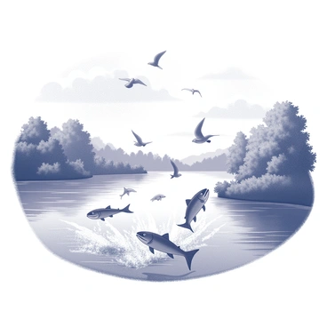 A river flows with clear water, reflecting the surroundings. Several fish can be seen leaping out of the river, creating splashes as they break the surface. Above the water, multiple birds are flying, some gliding gracefully while others are in mid-flap. The riverbanks are lined with lush greenery, providing a vibrant backdrop to the dynamic scene. The sky above is filled with fluffy clouds, enhancing the lively atmosphere of the river.