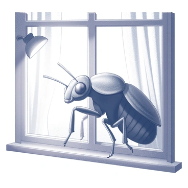 A giant insect with intricate details is positioned in front of a window. The insect has large, multifaceted eyes and elongated antennae. The soft glow of a streetlamp casts light on the creature, highlighting its exoskeleton's texture and patterns. The window frame is made of wood, and there are curtains partially drawn, allowing the light to filter through. The scene conveys a sense of intrigue as the insect appears to be observing the interior space beyond the window.