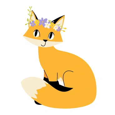 A fox with a sleek orange coat is sitting gracefully. Its bright eyes are alert and curious. The fox has a crown made of colorful wildflowers around its head, featuring shades of purple, yellow, and white. The flowers are delicately arranged, with some petals gently drooping. The fox's bushy tail curls around its body, adding to its charming appearance.
