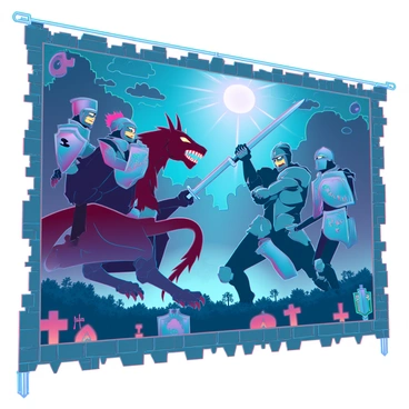 A large tapestry hangs prominently on the stone wall of a grand castle. The tapestry depicts a fierce battle scene between imposing demons and valiant knights. The demons have menacing features, with fiery eyes and sharp claws, their bodies adorned with dark, tattered armor. The knights are clad in shiny, intricate suits of armor, brandishing swords and shields, with expressions of determination on their faces. The background of the tapestry showcases a chaotic battlefield, complete with dark clouds and bursts of fire illuminating the scene, highlighting the struggle between good and evil. The edges of the tapestry are embellished with intricate designs and symbols representing courage and valor.