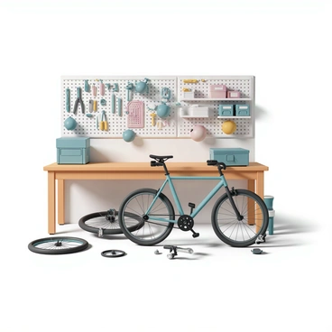 A neatly arranged bicycle workshop featuring a variety of bicycles in different stages of assembly. The walls are adorned with an array of tools, including wrenches, screwdrivers, and pliers, all meticulously organized on pegboards. A workbench, made of wood, holds a bicycle with parts scattered around, including a wheel and a gear set. There are shelves filled with boxes of bicycle accessories, such as lights and helmets. The floor is clean and well-maintained, enhancing the orderly atmosphere of the workshop.