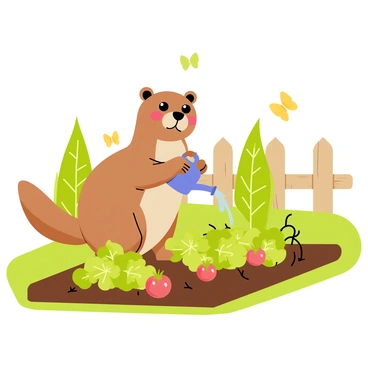 A beaver standing upright in a green vegetable garden. The beaver is holding a small blue watering can and is in the process of watering various plants, including tall tomatoes and leafy lettuce. There are rows of colorful vegetables visible, with rich brown soil and vibrant green leaves. The scene includes a wooden fence in the background, and a few butterflies fluttering around, adding to the lively garden atmosphere.
