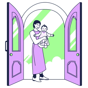 A mother holding her baby girl dressed in a baptism gown, standing in front of church doors