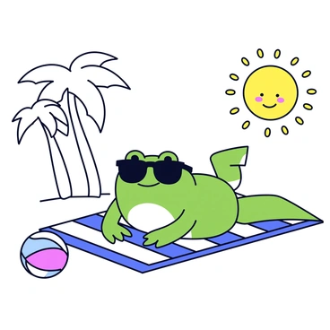 A cartoon illustration features a frog with a big smile, wearing oversized dark sunglasses. The frog is reclining on a striped beach towel, with its legs stretched out comfortably. In the background, there are simple outlines of palm trees swaying gently in the breeze. A small beach ball is nearby, and the sun is drawn as a smiling face in the corner of the scene.