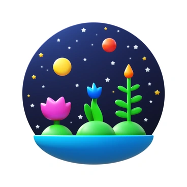 A flat 3D garden space featuring various floating plants with vibrant colors. The plants display unique shapes and textures, gently swaying in an unseen breeze. The backdrop is filled with numerous stars, twinkling against the dark expanse of space. The overall scene creates a tranquil atmosphere, emphasizing the beauty of nature even in a cosmic setting.