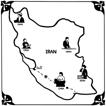 A detailed map of Iran with distinct regions labeled. Each region showcases an illustration of a notable figure, representing their contributions, such as a scientist or artist. The figures are displayed in black-and-white, with clear outlines and details, positioned at their respective locations on the map. Surrounding each figure are small icons or symbols related to their work, providing context to their achievements. The map includes a decorative border with traditional patterns from Iranian culture.