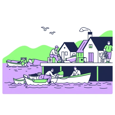 A quaint fishing village is depicted along the shoreline. In the foreground, a wooden pier extends into the water, with several boats tied alongside it, gently bobbing in the waves. The boats vary in size and shape, some with colorful accents and others with a weathered appearance. Fishermen are present on the pier, focused on mending their nets. One fisherman is seated on a crate, carefully repairing a large net, while another stands nearby, holding a bundle of freshly caught fish. Behind the pier, small cottages with sloping roofs and smoke curling from chimneys can be seen, nestled against the backdrop of rolling hills. A few seagulls glide in the sky above, completing the tranquil scene.