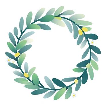 A circular wreath made of lush green olive branches is prominently displayed. Each branch is intricately woven together, showcasing the slender leaves and small olives that add texture. The wreath is resting on a soft, light-colored surface, highlighting its rich green hues. Surrounding the wreath, there are small white flowers scattered, enhancing the theme of peace and victory. A soft light casts gentle shadows, emphasizing the delicate details of the leaves and branches.